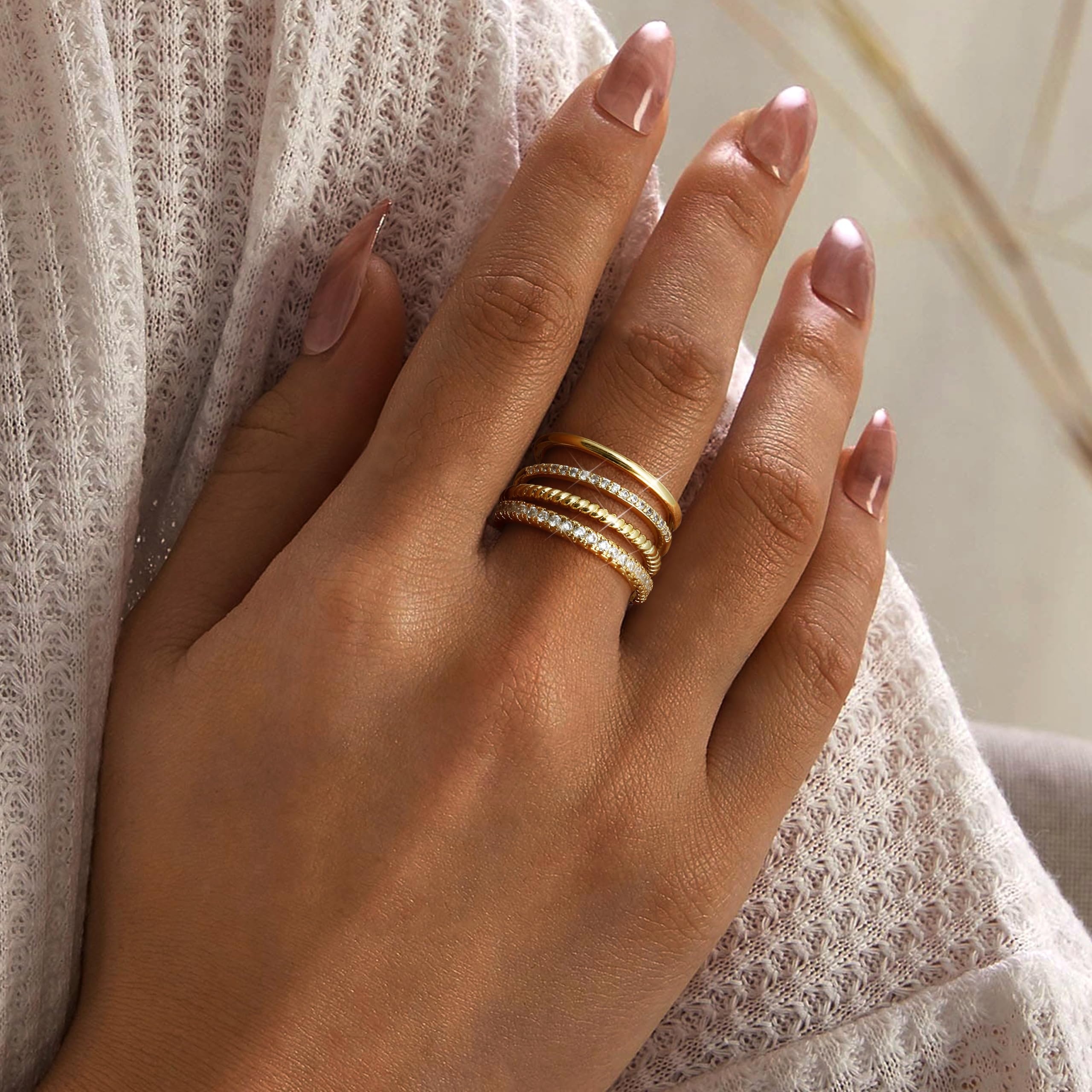 Stackable Gold Rings for Women 14K Gold Plated Stackable Thin Ring Minimalist Non Tarnish Cubic Zirconia Band Rings Dainty Trendy Statement Stacking Ring Set Size 5-10