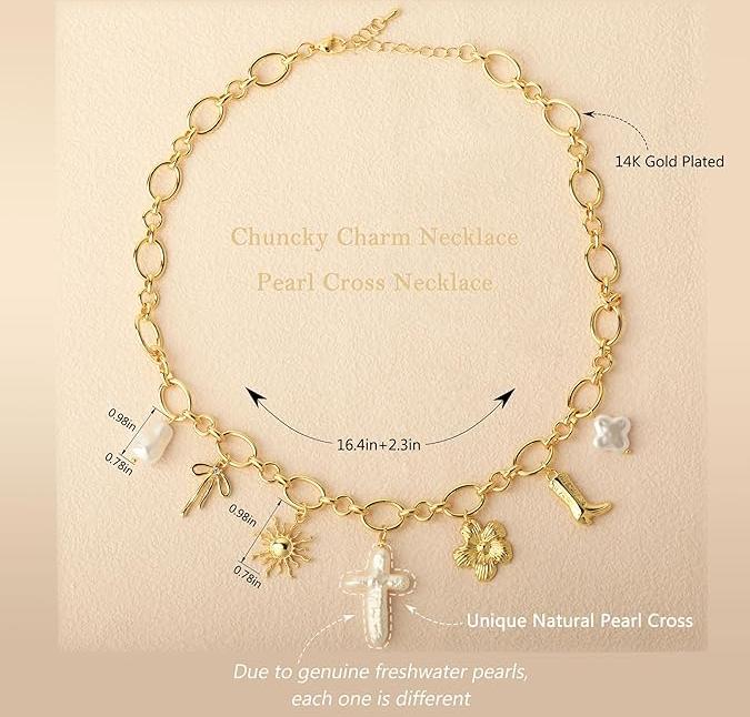 Chunky Gold Charm Necklace For Women Cross Pearl Seashell Necklaces Shell Starfish Beach Pendant 14K Summer Jewelry