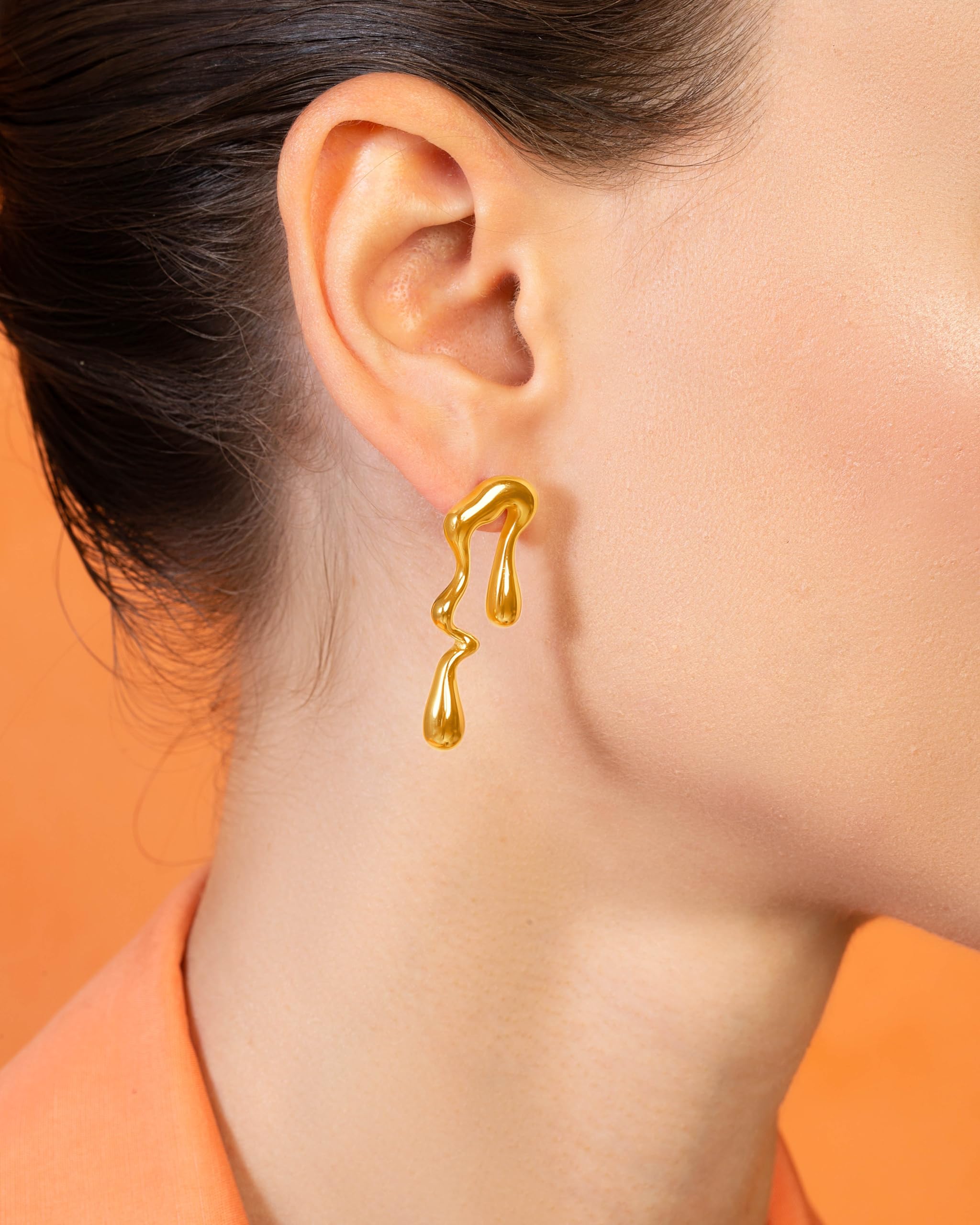 Asymmetrical Earrings, Dripping Mismatched Melting Liquid Dangle Drop Earrings, 18K Gold Plated Stainless Steel Gift for Women (Gold)