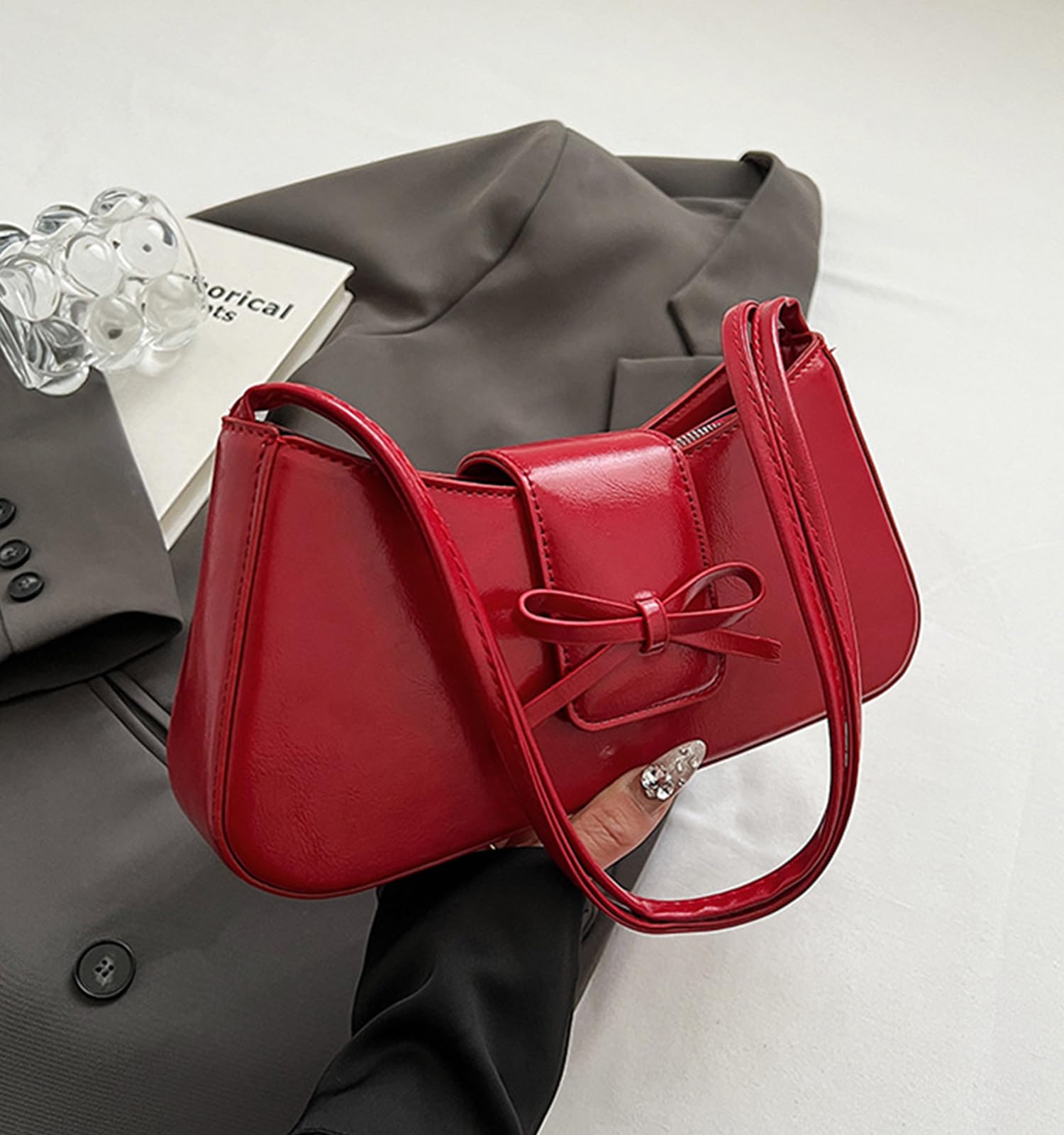 Shoulder Bag for Women, Hobo Handbags Trendy Y2K Purses Patent Leather Clutch Bag Cute Bow Purse