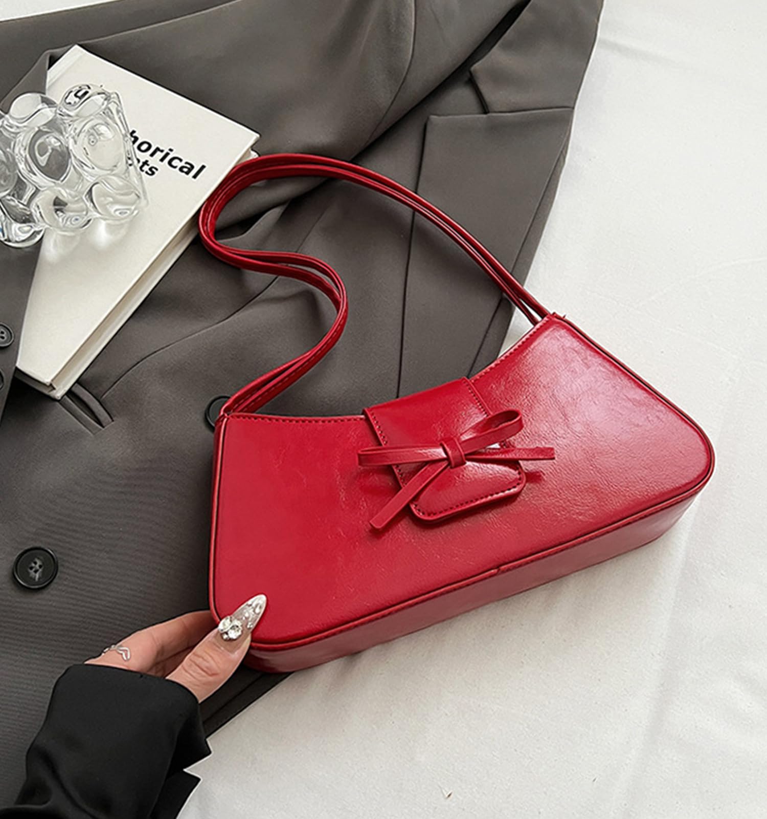 Shoulder Bag for Women, Hobo Handbags Trendy Y2K Purses Patent Leather Clutch Bag Cute Bow Purse