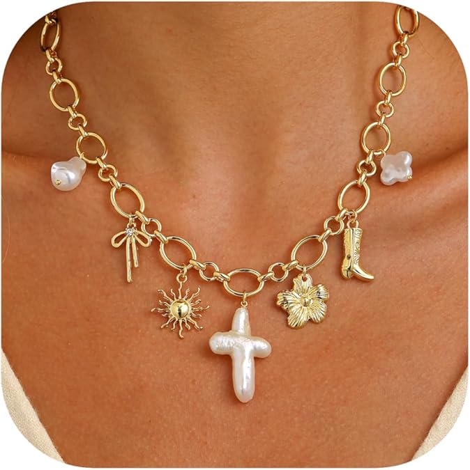 Chunky Gold Charm Necklace For Women Cross Pearl Seashell Necklaces Shell Starfish Beach Pendant 14K Summer Jewelry