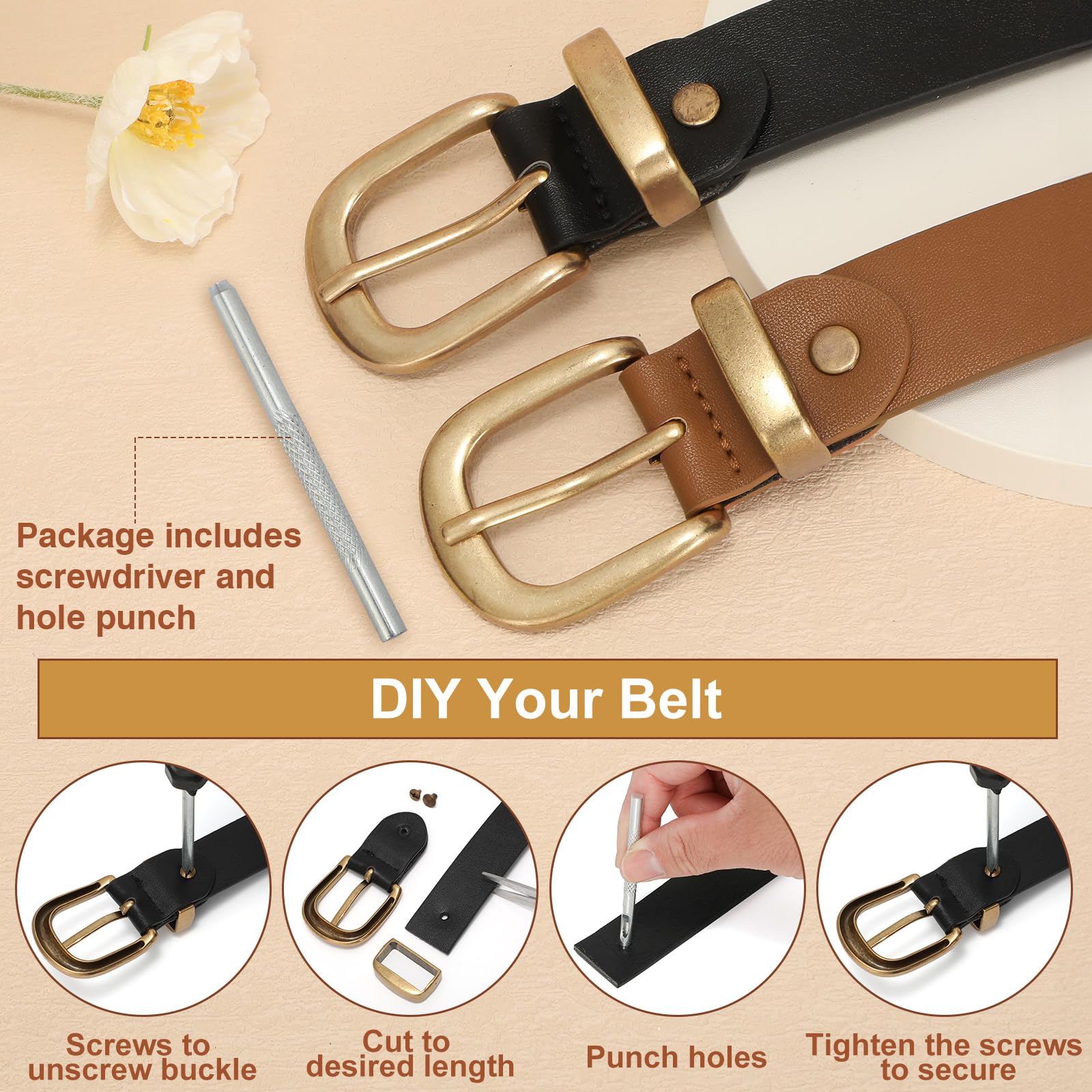 2 Packs Womens Belts for Jeans Ladies Belt for Dresses Fashion Leather Belt with Gold Buckle