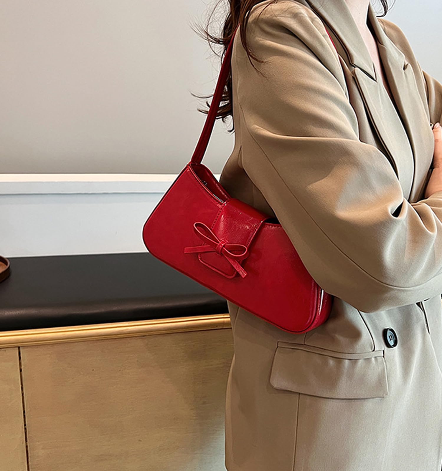 Shoulder Bag for Women, Hobo Handbags Trendy Y2K Purses Patent Leather Clutch Bag Cute Bow Purse